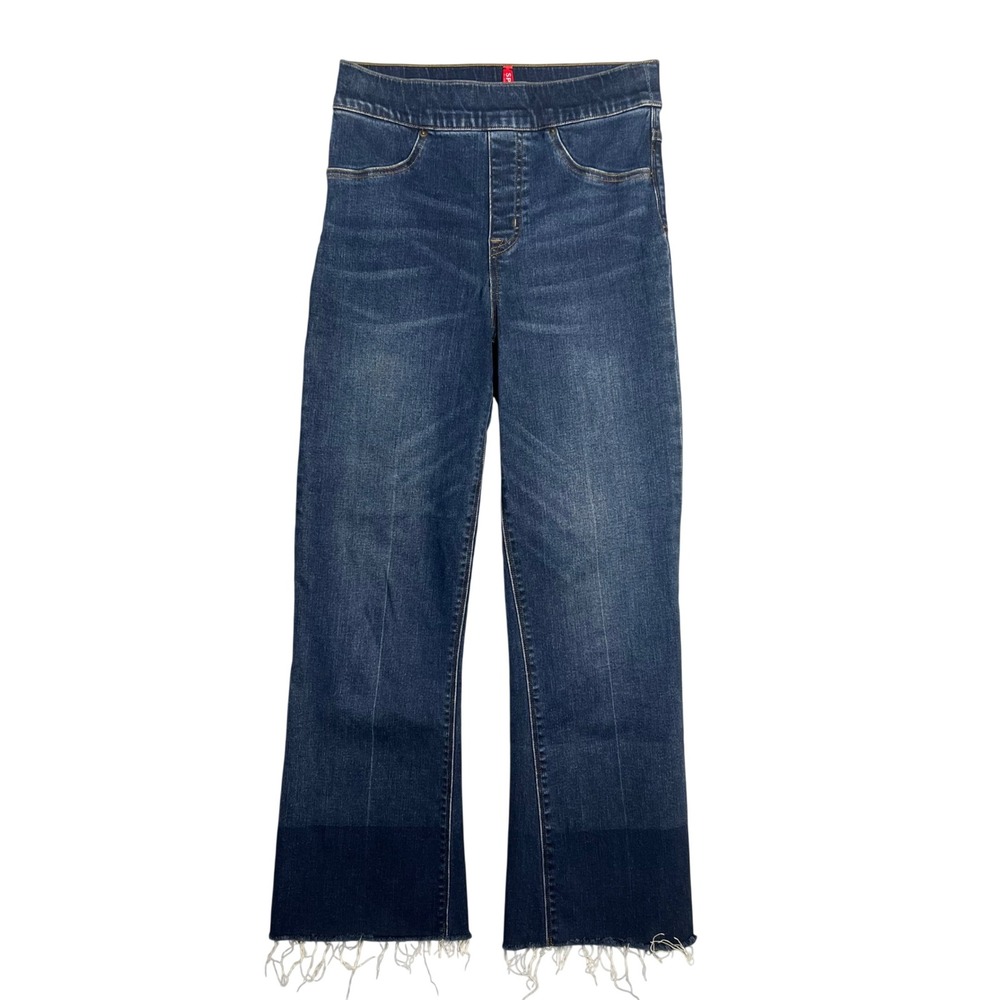 Spanx Cropped Flare Jeans Sz S Two Tone Raw Hem Pull On Stretch Flattering